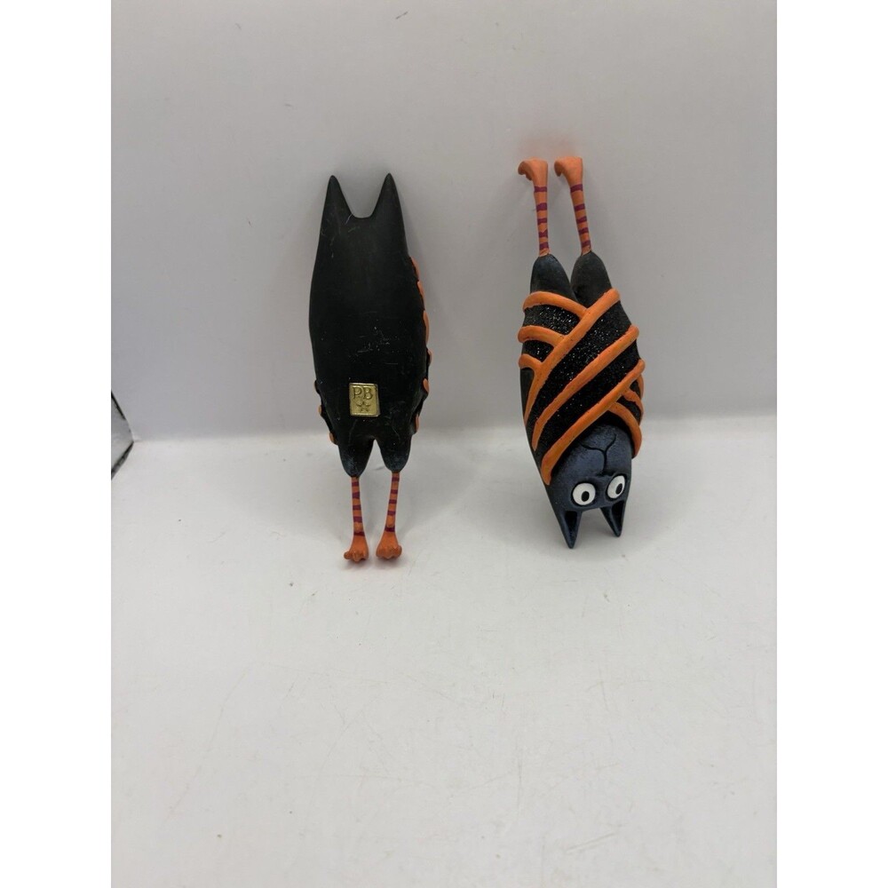 Patience Brewster Set Of 2 Beatrice Bat Ornaments Black Orange Striped Glitter - Picture 2 of 4